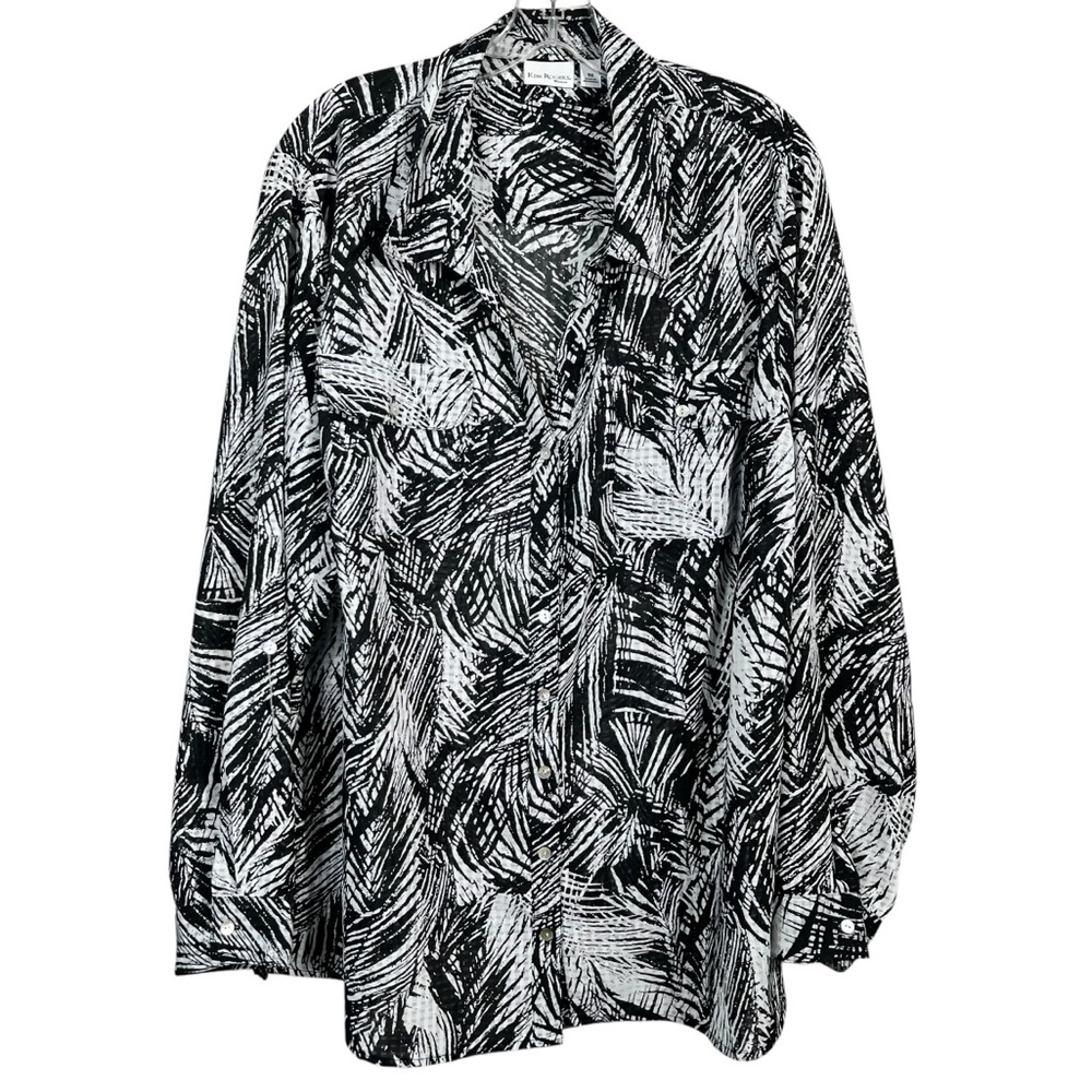 Kim Rogers Plus Size Black White Palm Floral Full Button Down Breathable Top 3X
